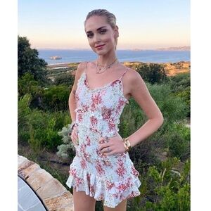 White Floral Smocked Ruffle‎ Mini Dress Spaghetti Strap Boho Festival Summer